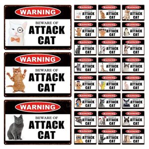 Retro Retro Poster Metal Tin Sinais de placa Regras da família Cuidado com o ataque Decoração de parede de gato Arte Poster Sinais de lata caseira Decoração adorável de gatos Tamanho da pintura 30x20cm W01