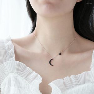 Hänghalsband Yun Ruo 2023 Rose Gold Color Chic Black Zircon Moon Star Necklace Fashion Titanium Steel Woman SMEEXKE NOT FADE