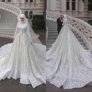 Hochzeitskleid, muslimische Spitze, A-Linie, Kleider, elegant, Stehkragen, lange Ärmel, 3D-Blumenapplikationen, Brautkleider, Pailletten, Braut