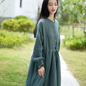 Casual Dresses Lace Up Women 'Vintage Stand Collor Cotton Linen Dress Långärmning Party Dresse Robe Spring Autunm Vestidos