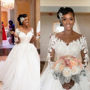 Wedding Dress Retro Sheer Neck Arabic Dresses 2023 Elegant 3D Lace Flowers African Long Sleeves Bridal Gowns With Sweep Train