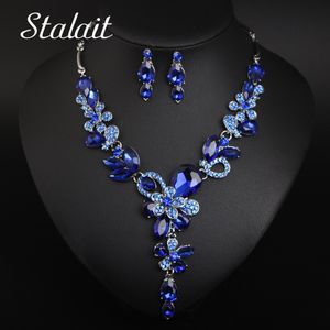 Set di gioielli da sposa Set di orecchini di collana color oro di lusso con grandi gocce d'acqua blu, fiori di cristallo da sposa, per 230215