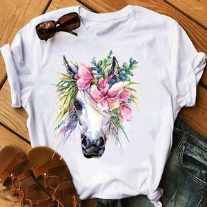 Kvinnors T-skjortor Korta Summer Sleeve O Neck T-shirt akvarell Hästhuvudtryck Skjorta damer Casual Fashion Graphic Top Tee