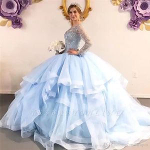 Luxury Sky Blue Crystal Beaded Ball Gown Quinceanera Dresses Long Sleeve Evening Prom Gowns For Teens Formal Pageant Wear