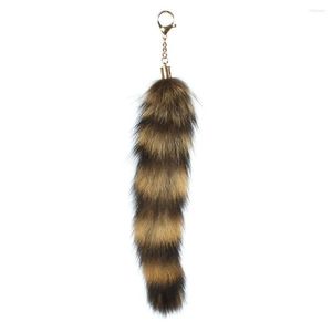 Keychains Real Tail 13.8in Black White Raccoon Fur Cosplay Toy Handväska Tillbehör Key Chain Ring Hook Tassels Fashion