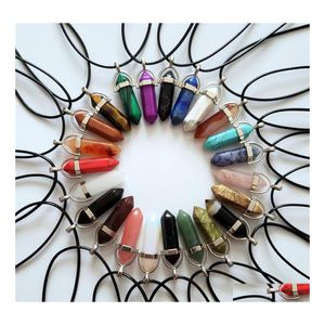 Pendant Necklaces Fashion Quality Natural Stone Crystal Pillar Chakra Pendum Necklace For Woman Leather Chains Jewelry Drop Delivery Dh4Rd