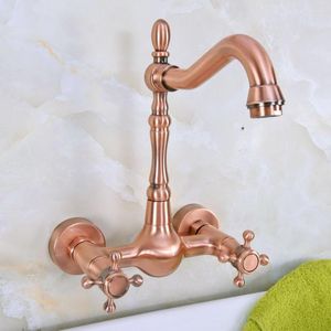 Bathroom Sink Faucets Antique Red Copper Brass Kitchen Faucet Mixer Tap Swivel Spout Wall Mounted Dual Cross Handles Mnf944