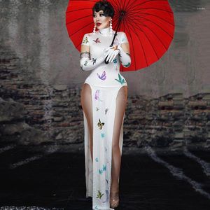 Stage Wear Women Dance DJ Costumes White Butterfly Long Siamese Split Dress Cheongsam Rave Clothes Adult Performance DQS4757