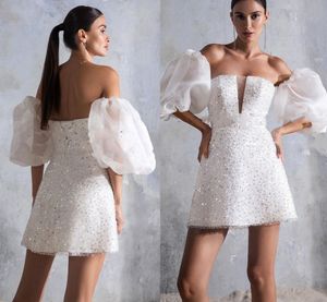 Vestidos de festa de baile curtos de glitter branco 2023 mangas de puffful