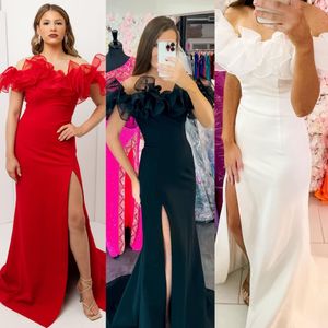 Ruffled Off-Shoulder Prom Dress 2023 with High Slit Sheath Lady Preteen Teen Girl Pageant Gown Formal Party Evening Wedding Guest Red Capet Runway Black White Red