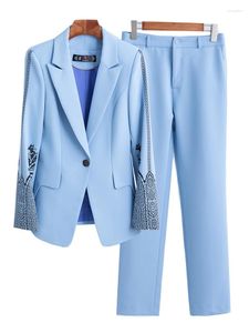 Calças de duas peças femininas Primavera Autumn Ladies Pant Suit Formal Women Office Business Work Use Blazer e Trouser Blue White Pink Print 2 Conjunto
