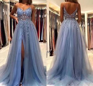 Elegant Blue Evening Dresses A Line Tulle Sequins Beaded Lace Formal Party Gowns For Sexy High Split Spaghetti Straps Backless Women Long Prom Dress CL1848