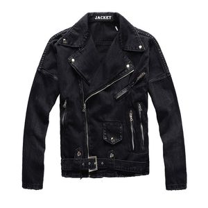 Erkek ceket denim sokak kıyafeti moda erkekler fermuarlı ceket retro siyah eklenmiş tasarımcı markası yırtılmış jean biker ceket hip hop chaquetas hombre 230215