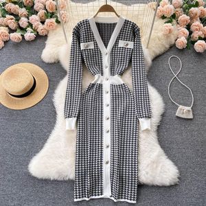 Casual Dresses SINGREINY Chic Houndstooth Knitted Dress Vintage Single Breasted Slim Sheath Autumn Winter Warm Sexy Bodycon Sweater