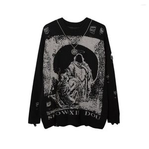 Men's Sweaters With Necklace Ripped Oversized Frayed Knitted Harajuku Winter Tops Black Gothic Men Y2k Grunge Women Red Sweater