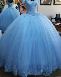 2023 Sky Blue Blue Quinceanera платья с кружевными аппликациями короткие рукава оборкает с плеча на заказ сладкий 15 16 Princess Pageant Pageant Ball How