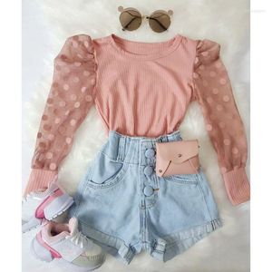 Clothing Sets 2Pcs Sweet Style Little Girls Clothes Outfit Dot Mesh Splicing Puff Long Sleeve Round Collar Tops Denim Shorts Fall Set