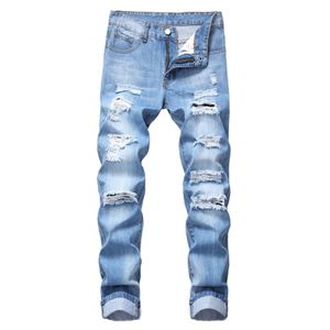 Mens Jeans Kne Hole Ripped Stretch Skinny Denim Pants Solid Color Black Blue Autumn Summer Hip-Hop Style Slim Fit Byxor S-4XL