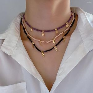 Pendant Necklaces Women Crystal Beads Chain Choker Multi Layered Metal Moon Star Sequins Jewelry