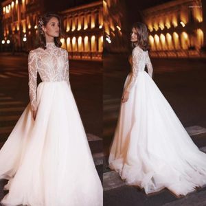 Suknia ślubna sukienki Linia Eleganckie wysokie kołnierzyk z długim rękawem cekiny aplikacje myska ślubne vestidos de novia