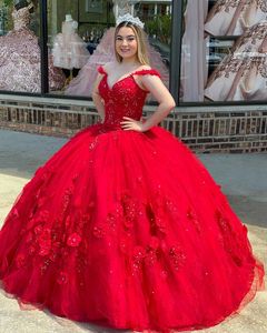 Prinsessan Red Quinceanera prom kl￤nningar fr￥n axeln s￶t 15 party bollkl￤nning kristall