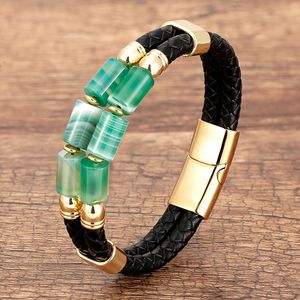 Charm Bracelets Luxury Double Row Stone Bangles Women Natural Beaded Bracelet Stainless Steel Clasp Multilayer Leather Mens Jewelry 230215