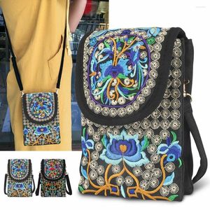 Evening Bags Retro Lady Cell Phone Bag Crossbody Shoulder Wallet Purse Handbag Pouch Ethnic Style Double-Layer Embroidered Flip Canvas