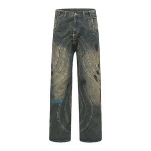 Vintage Painted Striped Straight Flare Pants Men's Streetwear Casual Jeans Oversized Denim Trousers