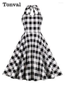Casual Dresses Tonval Gingham Print 50s Vintage Birthday Party For Women Halter Backless Black And White Plaid Rockabilly Cotton Dress