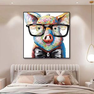 Framed Cartoon Animal Painting Wearing Glasses Pig 100% Hand Painted Living Room Home Decoration Pop Canvas Art A 800