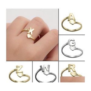 Cluster Rings Open Lover Heart Gold Stainless Steel 26 Letters Ring For Woman Opening Wedding Zodiac Finger Birthday Jewelry Gift Dr Dhnod