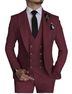 Men's Suits Men 3 Pieces Slim Fit Casual Business Burgundy Lapel Khaki Formal Tuxedos For Wedding Groomsmen (Blazer Pants Vest)