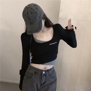 Women's T Shirts Woman TShirts Black T-shirt For Women Autumn Long-Sleeved Doublet Crop Top Mujer Camisetas