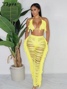 Women's Two Piece Summer Tassel Feather Women 2 Sets Sexy V Neck Bra Top And Hollow Out Pants Set Female Fashion Beach Party Outfits 230215