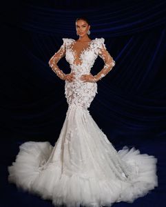 Eleganti abiti da sposa a sirena maniche lunghe scollo a V applicazioni paillettes perline perline sexy fiori di pizzo 3D treno lunghezza del pavimento plus size abiti da sposa abiti da sposa