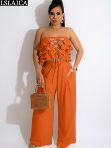 Zwei Crosscirss -Verbandtiete und Weitbeinhosen Kleidung für Frauen 2 -teilige Set Solid Color Summer Damens sexy Twopiece -Anzug elegant 230215