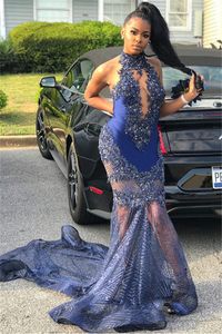 New Navy Paillettes Prom Dress 2023 Sexy Halter Backless Mermaid Abiti da sera con strascico Elegante abito da donna formale in pizzo Party Vestido de fiesta occasione personalizzata