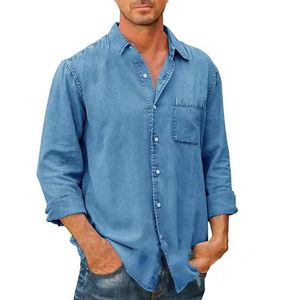 Camisa de jeans masculina lapela color de bolso de bolso de bolso único de trespassado tops de mangas compridas masculinas