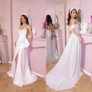 Wedding Dress Simple Satin A Line Dresses Sexy Sweetheart Neck Bridal Gowns Backless Side Split Sweep Train