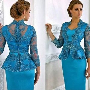 Vintage Teal Sheath Mother of the Bride Dresses With Short Lace Jacket Three Quarter Sleeve V-ringning TELÄGNING Elegant bröllop Gästpartyklänningar Groom Mom Outfit