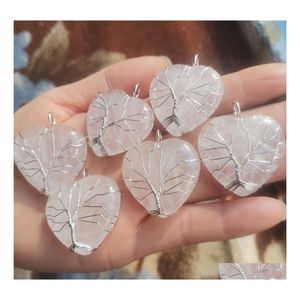 Charms Natural White Crystal Love Heart Handmade Tree Of Life Shape Stone Quartz Pendants For Jewelry Accessories Making Wholesale D Dh1Xv
