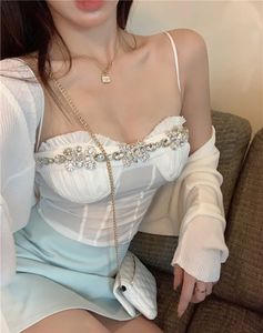 Kadın Spagetti Strap Gem Rhinestone Yamalı Yaz Seksi Yelek Tankları Camis