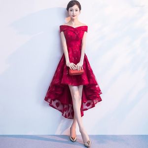 Etniska kläder Bourgogne Chinese Oriental Off Shoulder Short Wedding Women Sexig Cheongsam Evening Dress Elegant Princess Dresses Modern