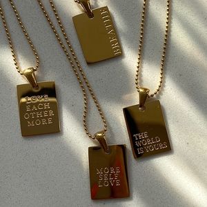 Pendant Necklaces Stylish Hiphop Personal Engraved Letter Message Square Pendant Necklace Beads Chain Stainless Steel Gold 230215