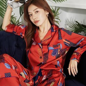 Kvinnors sömnkläder satin pijamas kostym rött tryck knapp-ner pyjama långärmad kvinnor byxor pyjamas set mjuk tunn faux siden pour femme