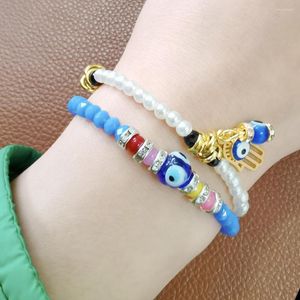 Strand Boho Colorful Beaded Charm Bracelet For Women Blue Turkish Eye Palm Seahorse Pendant Bangles Ethnic Style On Hand Jewelry Gift