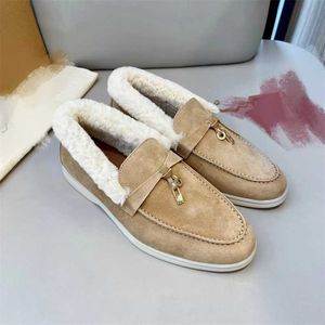 Designer Loropiana Charms Shoes Lofo Shoes Rex Rabbit Hair Lazy People Wear Leather Shallow Mouth Plush Lp Women's Single