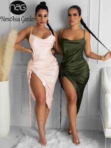 Casual Dresses Asia Ruched Satin Summer Dress Drawstring Spaghetti Straps Cowl Neck Backless Long for Women Party Sexy Vestidos 230216