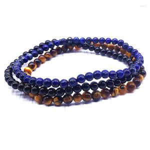 Strand 3 PCS/Set 4 Mm Nature Stone Round Bead Women Men Bracelet 18 Cm Girls Gifts Yellow Tiger Eyes Black Lapis