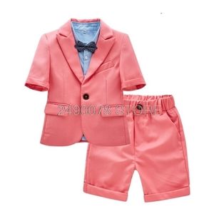 Suits Kids Summer Hawaii Jacket Shorts 2Pcs Suit Flower Boys Formal Birthday Tuxedos School Kids Host Dance Suit Clothing Set 230216